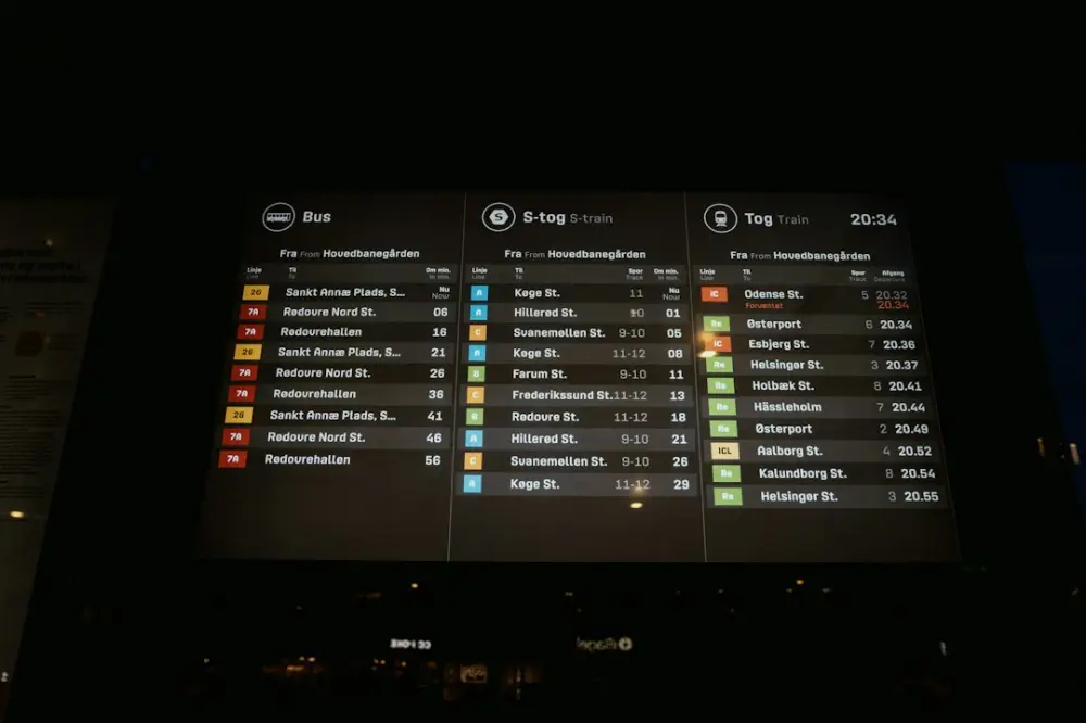 A digital transit information screen displaying bus, S-train, and train schedules in Copenhagen, illustrating evaluating